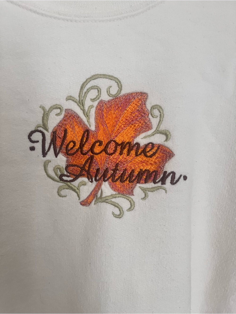Welcome Autumn Embroidered White Sweater with Orange Leaf Accent